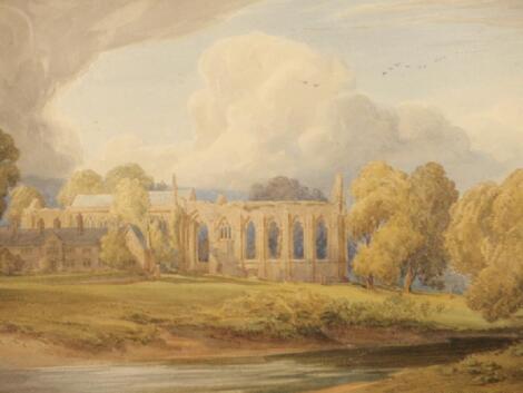 William H. Sugden (19th/20thC). Abbey Ruins and houses by a river