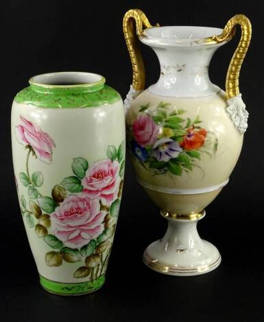 A Paris porcelain two handled vase, decorated with flowers, stamped to underside Bali, 35cm H, and a Japanese porcelain vase, decorated with flowers.