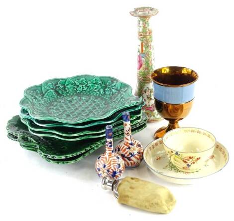 A collection of items, to include a Chinese Canton decorated candlestick, (AF), Wedgwood green leaf moulded dessert dishes, etc.