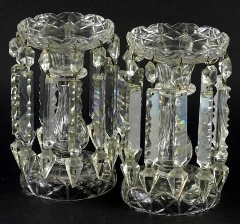 A pair of cut glass table lustres, each with prismatic drops, 20cm H.