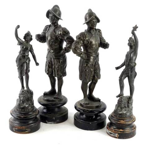 Two pairs of 19thC spelter figurines, one pair modelled in the form of soldiers on ebonised bases, 35cm H, another figures standing on lions, both incomplete.