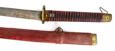 An oriental sword, of samurai type, the blade stamped 48127 with red canvas gilt tsuba etc.