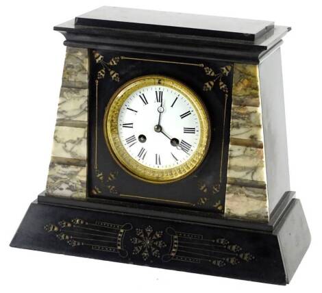 A late 19thC French black marble and slate mantel clock, of tapering form with a white enamel dial, 26cm H.