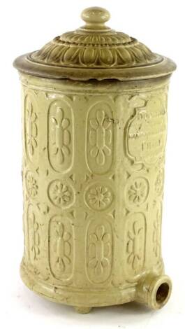 A late 19thC Doulton stoneware water filter and cover, (AF), 46cm H.