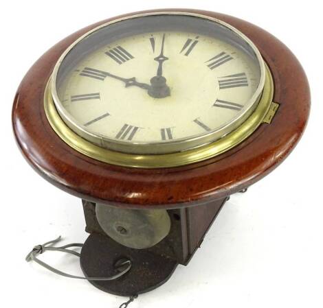 A late 19th/early 20thC Continental mahogany wall clock, the circular dial painted with Roman numerals, 31cm dia.