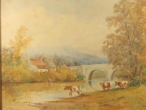 J F.. Williams. Summer river landscape with cattle by waters edge