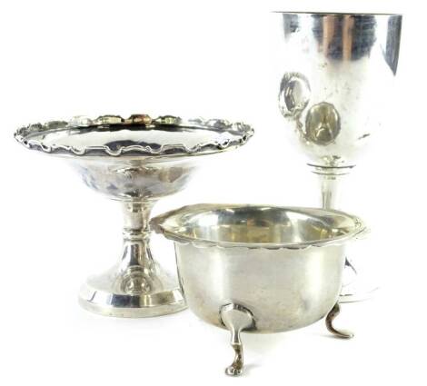 A collection of small silver, to include a tazza with loaded base, a goblet and sugar bowl, 6½oz gross.