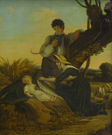 18thC British School. Sleeping in the corn field, over painted print, 43cm x 35cm.