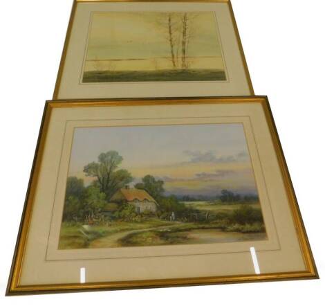 W Reeves. Country scene with thatched cottage etc., 34cm x 50cm and another similar (2).