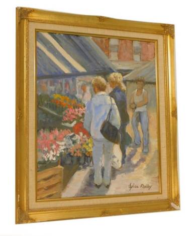 Sylvia Molloy. Figures at a flower stall, oil on canvas, 51cm x 39cm.