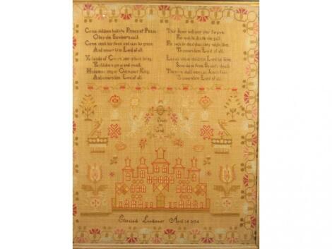 A Victorian sampler, worked by Elizabeth Leadbeater, dated April 14 1884,