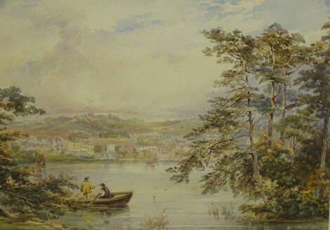 19thC British School. River scene with anglers in a rowing boat, watercolour, 26.5cm x 36.5cm. Label verso Fine Art Repository Liverpool, Goldmark Uppingham.