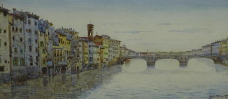 Guilla Cecchi. River Arno, watercolour, signed, 17cm x 35cm. Label verso, Frost and Reed.