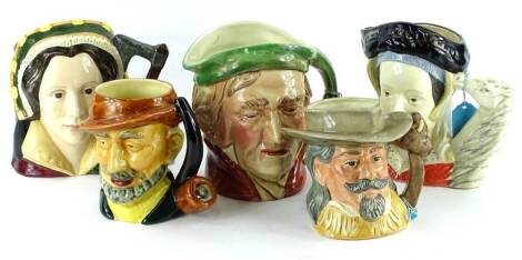 A collection of three Royal Doulton character jugs, to include Catherine Howard, Buffalo Bill and Anne of Cleves, a Beswick Scrooge jug, etc.