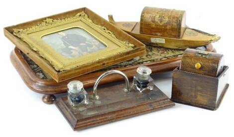 A collection of items, to include a Victorian beadwork and mahogany stand with bun feet, a print, desk set, etc.