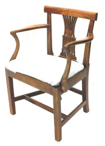 A 19thC mahogany open armchair, with a pierced splat, drop in seat on chamfered legs with H stretcher.