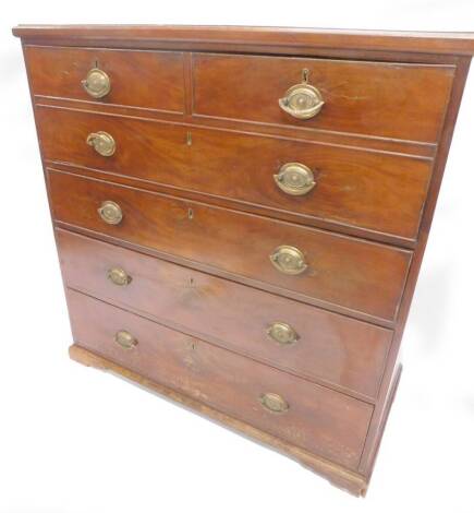 A 19thC mahogany secretaire chest, the top with a moulded edge above a four front enclosing a baize fitted interior, with four drawers with oval brass handles on short bracket feet, 107cm W.