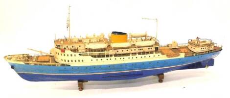 A scratch built ship, painted in shades of blue, red and white, unnamed, 146cm W.