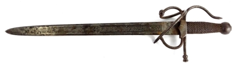 A continental short sword or dagger, with Toledo blade, partly engraved, the handle with intertwined hilt etc., 46cm L.