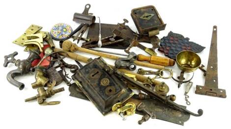 Miscellaneous items, to include furniture parts, locks, taps, hinges, small tools, a part enamelled plaque etc.