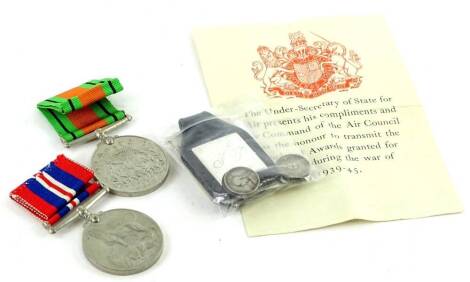 Miscellaneous items, to include silver thre'pencies, Second World War medals etc.