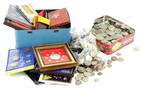 Miscellaneous coins, to include two shillings, some coin sets, crowns, etc.