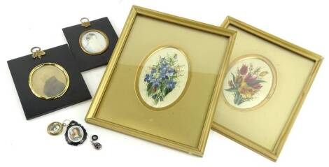 Miscellaneous miniatures, to include jewellery, and a pair of 19thC floral watercolours in gilt frames. (7)