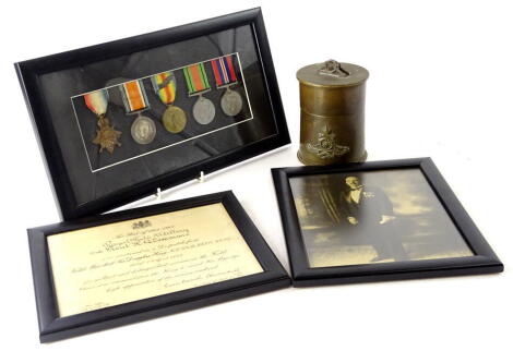 A collection of First World War medals, awarded to second Lieutenant HQ Simmons of the Royal Field Artillery, to include the Victory medal 1914-18 medal, a mention in dispatches from Field Marshall Haigh 7th April 1918, and two second world war medals, et