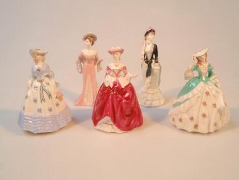 Three Royal Worcester 'Fashionable Victorians' figures and two Coalport costume figures