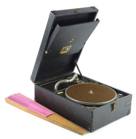 A HMV portable gramophone, in a black canvas case.