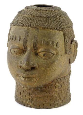 A tribal Benin type Nigerian brass head, 23cm H.