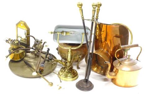 A large quantity of metalware, to include jardiniere's, copper and brass kettle, a coal scuttle, wall mounted oil lamp, a desk lamp, etc.