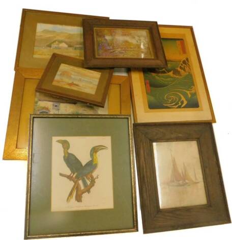 Various 19thC watercolours, country cottages, coastal scene, plus two prints, etc (a quantity).