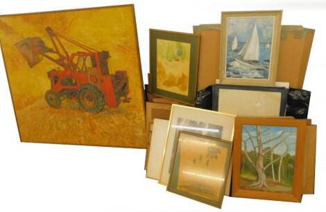 Mike (20thC). Tractor, oil on canvas, signed and dated 1958, 102cm x 102cm, and other pictures and prints (a quantity).