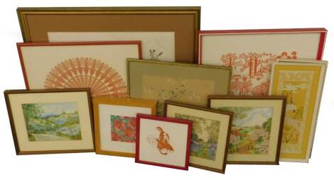 Oriental paper cut pictures, needleworks and prints (a quantity).