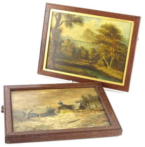 19thC School. Viaduct, oil on board, and church scene, a pair, 20cm x 18cm.