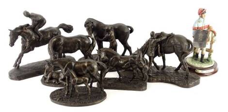 P. Parsons. Lady mounting a horse and grooming a horse, bronzed resin figures, four others, and a Saxony figure of the jockey.