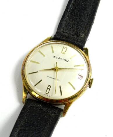 An Ingersoll gent's wristwatch, with gold plated frame and stainless steel back, on leather strap.