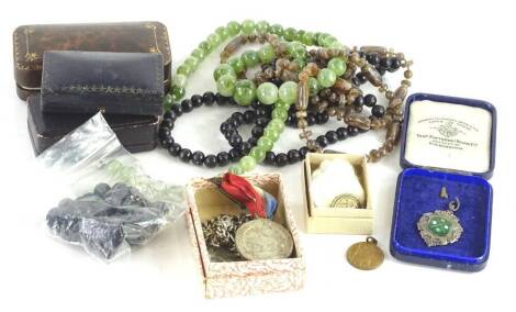 Various jewellery and effects, to include a silver fob, presented to B Team by Boston Conservative Club 1919-20, Brackenbury, with enamel design. (AF), 11g, beaded necklaces, silver plated watch chain, empty jewellery boxes, etc. (a quantity)