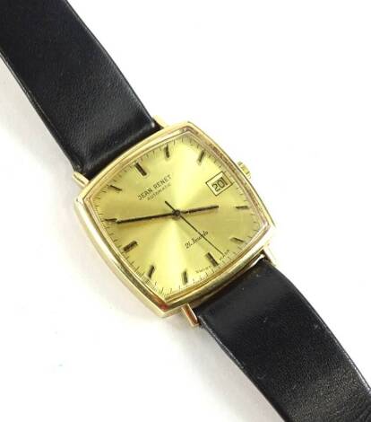 A Jeanne Renet gent's wristwatch, with 17f 21 dual automatic movement, and date aperture to dial, in yellow metal case, stamped 375 and numbered 219070, on later black leather strap, 30.7g all in.