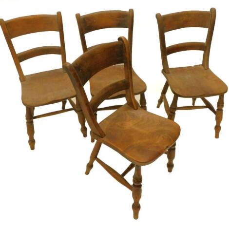 A set of four 19thC country made beech and elm kitchen chairs.