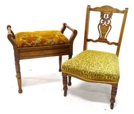 An Edwardian rosewood and marquetry nursing chair, with a padded seat on turned legs, and a piano stool. (2)