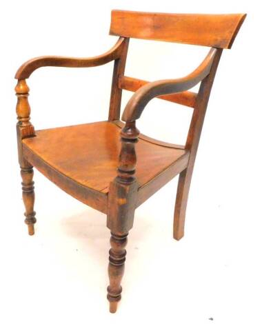 A 19thC country made ash and elm open armchair, with a solid seat on turned tapering legs.