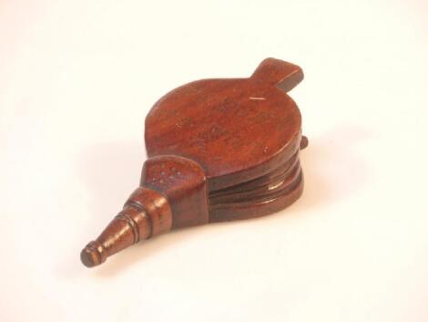 A 19thC mahogany snuff box in the form of a pair of bellows inset with