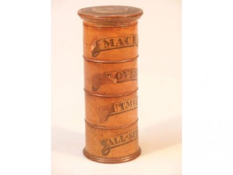 A 19thC boxwood cylindrical spice tower with four compartments