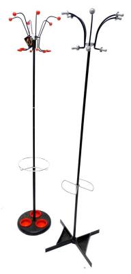 Two similar 1960s ebonised Hago metal coat stands, each with plastic finials to the shaped hooks etc.