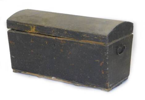 A 19thC ebonised pine dome top trunk, with metal carrying handles. (AF), 103cm W.