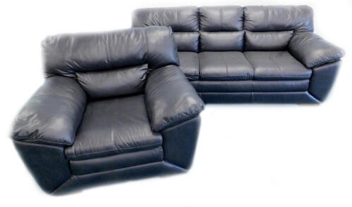 A black leather three piece sofa, on block feet and a matching armchair.