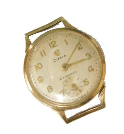 A Cyma watch head, with silvered coloured dial, seconds dial and gold coloured hands, marked Cymaflex, lacking winder, yellow metal, stamped 375, 8.1g all in.