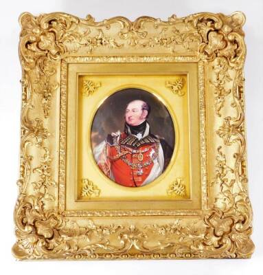 After Sir Thomas Lawrence. A 19thC portrait porcelain plaque of Prince Frederick Duke of York and Albany, (1763-1827), quarter profile, facing sinister, titled to the back, 18cm X 14cm, in an elaborate 19thC gilt wood frame, probably Vienna, unmarked. Th - 2